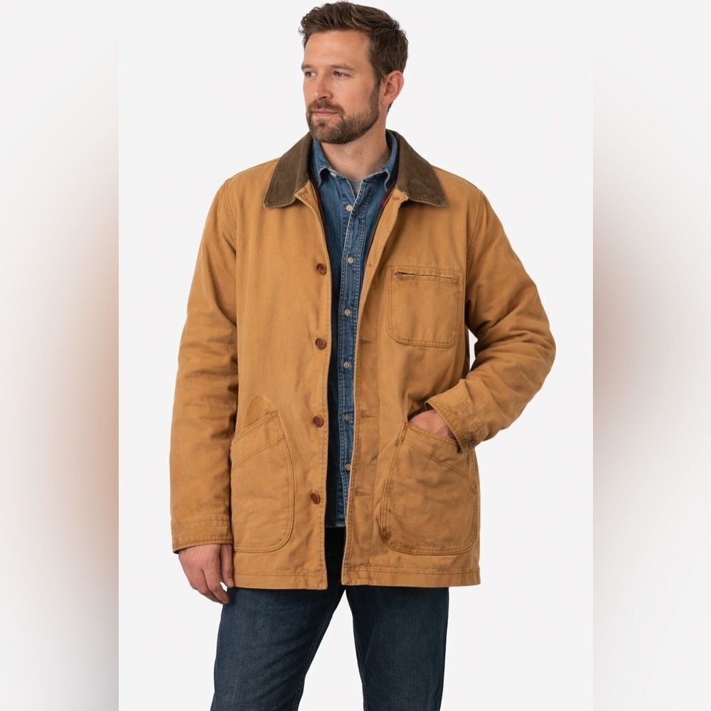L.L. Bean Vintage Barn Coat Jacket Soft Plaid Lined Tan Canvas Men’s XL Tall